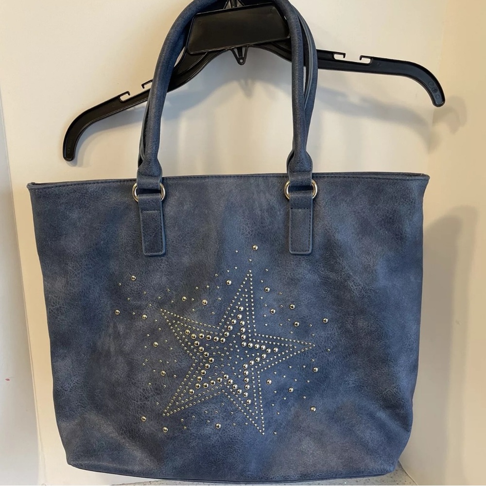 Blue Star Studded Tote Bag with Faux‎ Suede Finish